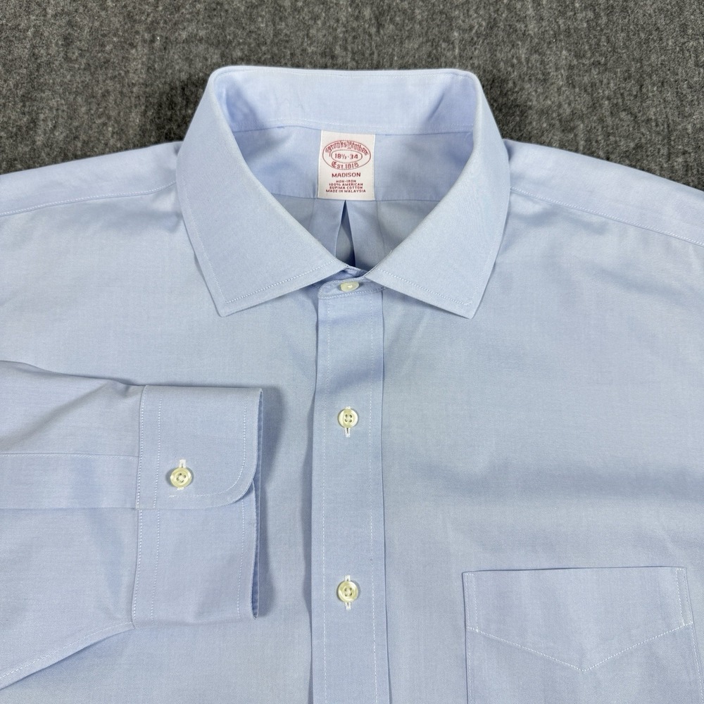 Brooks Brothers Madison Dress Shirt Mens 18.5 34 Blue Supima Cotton Non Iron